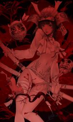 1girl absurdres armor bandaged_leg bandages black_eyes black_hair blood bloody_weapon branch breasts closed_mouth commentary cropped_shirt dragon eastern_dragon feet_out_of_frame helmet highres japanese_armor kabuto_(helmet) lips long_sleeves looking_at_viewer mano_aaa medium_hair navel original panties rabbit red_theme sheath sheathed shikoro shirt solo standing stomach stomach_tattoo sword tattoo underwear weapon white_panties white_shirt