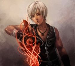 dragon_buster fingerless_gloves fire fire game_console gloves jewelry lloyd looking_at_viewer magic male_focus muscular necklace red_eyes silver_hair sword the_legend_of_dragoon weapon wingly