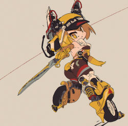 1girl absurdres ass audi audi_quattro blonde_hair bodystocking brown_background cable castrol elbow_gloves gloves highres holding holding_sword holding_weapon leotard looking_back mecha_musume personification rikona short_hair solo sword weapon wheel world_rally_championship yellow_eyes yellow_gloves yellow_leotard