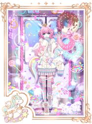 1girl animal_ears astronaut balloon bell blue_eyes boots border bow bubble cable_knit candy cellphone commentary_request confetti crown donut fake_animal_ears fashion food frills grey_skirt hair_ornament highres hood hood_down hooded_jacket horse_ears horse_tail jacket jingle_bell lollipop long_sleeves looking_at_viewer mini_crown original pastel_colors phone pink_bow pink_hair pom_pom_(clothes) rainbow rkmoco short_hair skirt smartphone solo sprinkles star_(symbol) star_hair_ornament striped_clothes striped_thighhighs stuffed_winged_unicorn swirl_lollipop tail thighhighs train_interior ufo unicorn whale white_boots white_jacket yume_kawaii zettai_ryouiki