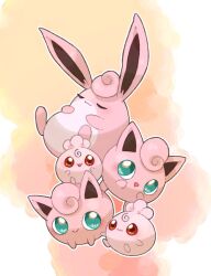 :3 ^3^ colored_skin creatures_(company) evolutionary_line game_freak gen_1_pokemon gen_2_pokemon green_eyes highres igglybuff jigglypuff nintendo no_humans open_mouth pink_skin pokemon pokemon_(creature) red_eyes sleeping towa_(clonea) watercolor_background wigglytuff