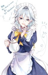 1girl apron arm_ribbon artist_name bad_id bad_twitter_id blue_dress blue_eyes bow bowtie braid commentary_request cowboy_shot dated derivative_work dress female_focus finger_to_mouth gradient_background hair_between_eyes hair_bow hair_intakes head_tilt highres holding holding_teapot izayoi_sakuya juliet_sleeves long_sleeves looking_at_viewer maid maid_apron maid_headdress open_mouth parted_lips puffy_sleeves ribbon short_hair silver_hair simple_background smile solo souta_(karasu_no_ouchi) teapot touhou translation_request twin_braids twitter_username waist_apron white_apron yellow_bow yellow_bowtie yellow_ribbon yuki_(popopo)