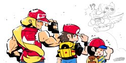 Rule 34 | !?, 5boys, backpack, bag, banjo-kazooie, banjo (banjo-kazooie), baseball cap, bear, biceps, black hair, blonde hair, brown hair, fatal fury, fingerless gloves, flying sweatdrops, gloves, hat, hat tip, highres, long hair, looking at viewer, low-tied long hair, mother (series), mother 2, multiple boys, ness (mother 2), nintendo, outfit connection, pokemon, pokemon frlg, ponytail, rariatto (ganguri), red (pokemon), red headwear, sans (undertale), serious, simple background, smile, super smash bros., surprised, sweatdrop, terry bogard, the king of fighters, torn clothes, torn sleeves, twitter username, undertale, white background