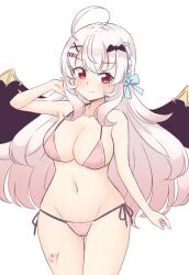 1girl ahoge bat_hair_ornament bikini black_wings breasts cleavage closed_mouth demon_wings gradient_hair groin hair_ornament hairclip halterneck hand_in_own_hair heart heart_hair_ornament highres indie_virtual_youtuber large_breasts leg_tattoo long_hair looking_at_viewer mole mole_under_eye multicolored_hair navel pink_bikini pink_hair red_eyes shiraha_maru side-tie_bikini_bottom smile solo standing string_bikini swimsuit tattoo urato_chieru very_long_hair virtual_youtuber white_hair wings x_hair_ornament