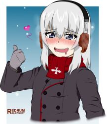 Rule 34 | 1girl, black jacket, blue eyes, blush, cross, drooling, earmuffs, girls und panzer, grey hair, hamburger steak, heart, highres, iron cross, itsumi erika, jacket, kuromorimine military uniform, long hair, red scarf, redrum (haghighiaria25), scarf, snowing, thumbs up