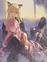 2girls absurdres alternate_hair_length alternate_hairstyle animal_ear_hairband animal_ears artist_request bang_dream! bang_dream!_it&#039;s_mygo!!!!! black_pants black_sandals blonde_hair boots chihaya_anon chinese_commentary choker commentary_request commission fake_animal_ears grey_eyes hair_between_eyes hairband highres leg_warmers long_hair misumi_uika multiple_girls pants pink_eyes pink_hair red_boots red_choker red_leg_warmers red_tank_top sandals second-party_source single_off_shoulder sitting tank_top