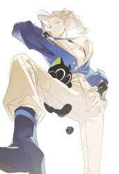 Rule 34 | 1girl, black boots, black gloves, blue eyes, blue jacket, boots, fingerless gloves, foot out of frame, gloves, grey hair, hajiu, highres, jacket, luo xiaohei, luo xiaohei (cat), luo xiaohei zhanji, luye (the legend of luoxiaohei), pants, simple background, tank top, white background, white pants, white tank top