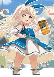 1girl animal_ears beer_mug blonde_hair blue_dress blue_eyes blurry blurry_background blush cup dress fake_animal_ears final_fantasy final_fantasy_xiv flat_chest from_side hands_on_own_hips highres holding holding_cup lalafell long_hair looking_at_viewer mug open_mouth pointy_ears rabbit_ears shelldy shoes smile solo warrior_of_light_(ff14) white_shoes
