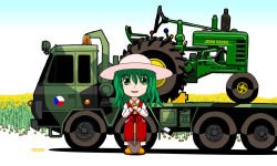 1girl arm_rest artist_name ascot boots chibi czech_flag female_focus field flatbed_truck flower flower_field gradient_background green_eyes green_hair hat john_deere kazami_yuuka long_sleeves looking_at_viewer matching_hair/eyes military military_truck military_vehicle motor_vehicle pants parted_lips plaid_clothes plaid_pants plaid_vest product_placement rubber_boots shadow short_hair shovel solo sunflower sunflower_field tomozo8674 touhou tractor truck vest worktool