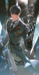 1boy black_gloves black_hair black_necktie breaking caleb_(love_and_deepspace) collared_shirt crack epaulettes from_behind gloves grey_pants highres hood hooded_jacket hoodie jacket jewelry leg_holster long_sleeves looking_at_viewer love_and_deepspace male_focus maosen military_uniform mirror necklace necktie pants purple_eyes shirt short_hair single_epaulette solo standing white_shirt