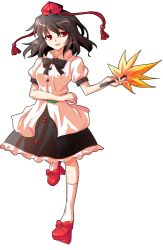 1girl alphes_(style) black_bow black_bowtie black_hair black_skirt bow bowtie breasts commentary_request dairi frilled_skirt frills full_body geta half-closed_eyes hand_fan hat holding holding_fan kneehighs large_variant_set looking_at_viewer medium_breasts parody parted_lips puffy_short_sleeves puffy_sleeves red_eyes red_shoes shameimaru_aya shirt shoes short_hair short_sleeves skirt smile socks solo style_parody tachi-e tengu-geta tokin_hat touhou transparent_background variant_set white_shirt white_socks