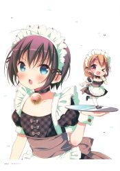 Rule 34 | &gt;:o, &gt;;d, &gt; o, 2girls, :o, ;d, absurdres, apron, aqua eyes, bell, black footwear, black hair, blush, bow, bowtie, breasts, brown hair, chibi, cleavage, collar, dress, flat chest, highres, holding, holding tray, jingle bell, large breasts, maid, maid apron, maid headdress, march-bunny, maria (watashi no tomodachi ga sekaiichi kawaii), mini person, minigirl, multiple girls, neck bell, on plate, one eye closed, open mouth, page number, pink eyes, plaid clothes, plaid collar, plaid dress, puffy short sleeves, puffy sleeves, ringlets, saionji koharu, shoes, short hair, short sleeves, size difference, smile, standing, standing on one leg, tray, upper body, v, v-shaped eyebrows, watashi no tomodachi ga sekaiichi kawaii, white background, wrist cuffs