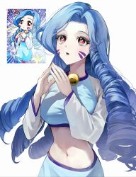 Rule 34 | 1girl, absurdres, blue hair, blue shirt, blue skirt, breasts, chyan 0012, cropped shirt, curly hair, derivative work, facial mark, forehead, highres, juka (maplestory), large breasts, maplestory, maplestory offline rpg, navel, open mouth, own hands together, red eyes, screenshot redraw, shirt, simple background, skirt, solo, teeth, tongue, upper teeth only, white background