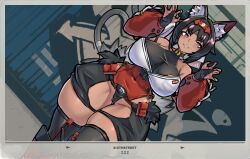 Rule 34 | 1girl, absurdres, alternate breast size, animal ear fluff, animal ears, barcode, barcode tattoo, bare shoulders, bell, black gloves, black hair, black tail, black thighhighs, boots, breasts, bridal gauntlets, cable, cable tail, cat ears, cat girl, cat tail, corset, covered navel, cowboy shot, cropped, dark-skinned female, dark skin, detached sleeves, dutch angle, facial mark, forehead mark, forehead tattoo, full body, gloves, grin, hair ribbon, hairband, highres, knee boots, large breasts, long hair, long sleeves, looking at viewer, mechanical tail, mold (pixiv6616319), multiple tails, neck bell, nekomiya mana, outdoors, red boots, red corset, red eyes, red hairband, red ribbon, red sleeves, ribbon, shorts, skindentation, smile, solo, standing, standing on one leg, tail, tattoo, thick thighs, thighhighs, thighs, two tails, zenless zone zero