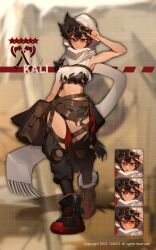 1girl absurdres bag belt black_hair black_shirt blurry blurry_background brown_bag brown_belt character_name closed_mouth crop_top cropped_shirt full_body goggles goggles_on_head headscarf highres multiple_views nakddidi original pants red_eyes scarf shirt shorts sleeveless sleeveless_shirt torn_clothes torn_pants white_headscarf white_scarf