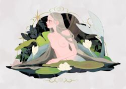 Rule 34 | 1girl, breasts, commentary, fins, fish tail, flower, grey hair, highres, lily pad, long hair, looking to the side, mermaid, monster girl, navel, original, partially submerged, piningappless, red lips, scales, solo, tail, topless female, water lily flower