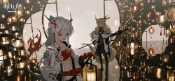2girls arknights beast black_legwear blonde_hair breasts highres jacket lantern leizi_(arknights) long_hair multiple_girls nian_(arknights) pink_eyes pointy_ears purple_eyes red_eyes small_breasts standing thighhighs tuoer very_long_hair white_jacket
