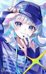 1girl absurdres animal_ear_fluff animal_ears artist_name baseball_cap black_bridal_gauntlets black_hat black_nails blue_eyes blue_hair blue_hoodie blue_nails blush bridal_gauntlets closed_mouth colored_inner_hair fox_ears fox_girl grey_hair hat highres hood hood_down hoodie indie_virtual_youtuber lips long_sleeves multicolored_hair multicolored_nails pink_hair solo spiro_(supirou2052) streaked_hair upper_body v_(vulpixsi) virtual_youtuber white_hood