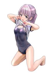 1girl absurdres barefoot blue_eyes blue_one-piece_swimsuit blush breasts colored_eyelashes commentary_request emutsuichi highres kneeling lifting_own_clothes looking_at_viewer one-piece_swimsuit open_mouth original purple_hair revision school_swimsuit shirt short_hair short_sleeves simple_background small_breasts solo swimsuit swimsuit_under_clothes thighs twintails white_background white_shirt