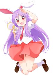 1girl :d absurdres animal_ears arm_up beenyan_1203 blush brown_shoes carrot_pin collared_shirt commentary_request full_body hand_up highres holding holding_megaphone jumping long_hair looking_at_viewer megaphone necktie open_mouth pink_shirt puffy_short_sleeves puffy_sleeves purple_hair rabbit_ears rabbit_girl red_eyes red_necktie reisen_udongein_inaba shirt shoes short_sleeves simple_background smile socks solo touhou white_background white_shirt white_socks