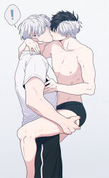 ! 2boys black_hair black_male_underwear black_pants carrying closed_eyes commentary fingernails french_kiss hand_on_another&#039;s_thigh kiss lemonmelon00 male_focus male_underwear multicolored_hair multiple_boys nipples pants sakura_haruka_(wind_breaker) shirt short_hair simple_background split-color_hair toned toned_male two-tone_hair umemiya_hajime underwear underwear_only white_background white_hair white_shirt wind_breaker_(nii_satoru) yaoi