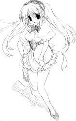 Rule 34 | 1girl, 2000s (style), aqua (prescott), breasts, commentary request, dress, full body, greyscale, holding, holding tray, juliet sleeves, long hair, long sleeves, looking at viewer, maid, maid headdress, medium breasts, monochrome, open mouth, original, puffy sleeves, shoes, short dress, simple background, sketch, smile, solo, tray, twintails