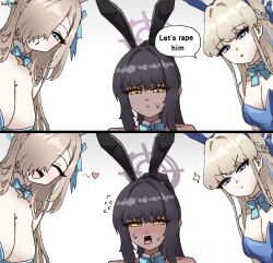 Rule 34 | 3girls, absurdres, animal ears, asuna (blue archive), asuna (bunny) (blue archive), black hair, blonde hair, blue archive, blue bow, blue bowtie, blue eyes, blue hair, blue halo, blue leotard, blush, bow, bowtie, braid, breasts, cleavage, collarbone, dark-skinned female, dark skin, detached collar, embarrassed, fake animal ears, hair over one eye, hair ribbon, half up braid, halo, highres, kai xin, karin (blue archive), karin (bunny) (blue archive), large breasts, leotard, long hair, looking at viewer, medium breasts, mole, mole on breast, multicolored hair, multiple girls, open mouth, ponytail, pov, purple halo, rabbit ears, ribbon, smile, streaked hair, toki (blue archive), toki (bunny) (blue archive), very long hair, yellow eyes, you gonna get raped