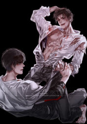 2boys abs barefoot black_background black_eyes black_hair black_jacket black_pants blood blood_on_body blood_on_clothes blood_on_face blood_on_hands brown_eyes brown_hair chinese_commentary collared_shirt cuts d-sun-diamond fighting hand_on_own_head holding_another&#039;s_wrist in_love_with_an_idiot injury jacket jian_suiying kneeling li_yu_(in_love_with_an_idiot) looking_at_another looking_at_viewer looking_back lying male_focus multicolored_jacket multiple_boys muscular muscular_male navel nipples off_shoulder on_back open_clothes open_mouth open_shirt pants parted_lips pectorals sample_watermark shirt short_hair simple_background sitting sitting_on_person smile straddling toned toned_male torn_clothes watermark white_jacket white_shirt yaoi