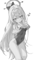 1girl absurdres blue_archive bow casual_one-piece_swimsuit covered_erect_nipples covered_navel frilled_one-piece_swimsuit frills hair_bow halo heart high_ponytail highres kerno loli long_hair looking_at_viewer miyako_(blue_archive) miyako_(swimsuit)_(blue_archive) monochrome off-shoulder_one-piece_swimsuit off_shoulder official_alternate_costume one-piece_swimsuit ponytail solo swimsuit v white_background