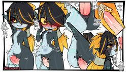 Rule 34 | 1boy, 1girl, absurdres, alternate hairstyle, black hair, blush, border, breasts, colored sclera, colored skin, completely nude, cowboy shot, cum, ejaculation, english text, grey skin, hair between eyes, hair over one eye, hetero, highres, internal cumshot, long bangs, long hair, midna, multicolored hair, nintendo, nipples, nose blush, nude, onigiriarts, open mouth, orange hair, penis, pointy ears, pussy, red eyes, sex, small breasts, smile, solo focus, streaked hair, the legend of zelda, the legend of zelda: twilight princess, thigh sex, uncensored, uterus, vaginal, white border, yellow sclera