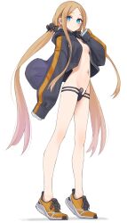 1girl abigail_williams_(fate) absurdres bare_legs black_bow black_panties blonde_hair blue_eyes blush bow breasts closed_mouth fate/grand_order fate_(series) forehead hair_bow highres jacket kopaka_(karda_nui) long_hair long_sleeves looking_at_viewer low_twintails lowleg lowleg_panties multiple_hair_bows navel no_bra no_pants open_clothes open_jacket panties parted_bangs polka_dot polka_dot_bow shoes sleeves_past_fingers sleeves_past_wrists small_breasts sneakers solo standing tiptoes twintails underwear very_long_hair