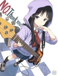 1girl 3s_(tarariko) absurdres akiyama_mio bass_guitar black_hair blue_eyes checkered_floor electric_guitar guitar highres holding holding_instrument hood hood_up hooded_jacket hoodie instrument jacket k-on! kneehighs long_hair looking_at_viewer music playing_instrument pleated_skirt plectrum school_uniform shoes skirt socks solo standing