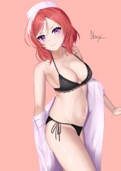 1girl black_bra black_panties bra breasts cleavage closed_mouth clothes_pull highres lace lace-trimmed_bra lace_trim looking_at_viewer love_live! love_live!_school_idol_project medium_breasts medium_hair nary navel nishikino_maki panties purple_eyes red_hair shirt shirt_pull side-tie_panties simple_background smile solo stomach underwear underwear_only undressing v-shaped_eyebrows