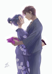 1boy 1girl black_hair brown_eyes chidori_kaname commentary_request couple cross_scar eye_contact floral_print full_metal_panic! grey_kimono hetero hug japanese_clothes kimono looking_at_another obi sagara_sousuke sash scar shikidouji signature simple_background smile striped_clothes striped_kimono white_background