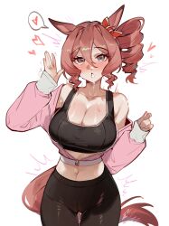 1girl animal_ears baobao771100 black_pants blush blussh bow breasts brown_hair cleavage collarbone commentary drill_hair ear_bow grey_eyes hair_between_eyes hand_up heart highres horse_ears horse_girl horse_tail jacket large_breasts looking_at_viewer norn_ace_(umamusume) open_mouth pants pink_jacket pussy_juice red_bow saliva short_hair side_ponytail simple_background solo spoken_heart sweat symbol-only_commentary tail umamusume umamusume:_cinderella_gray white_background yoga_pants