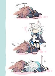 2girls amiya_(arknights) animal_ears arknights brown_hair cat_ears cat_girl cat_tail commentary cum cum_on_body cum_on_stomach grey_hair highres multiple_girls naguru_(cyoroama) ponytail rabbit_ears rabbit_girl rosmontis_(arknights) short_hair tail