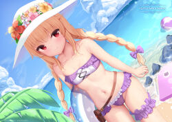 1girl bare_arms bare_shoulders beach bikini blonde_hair blue_sky blush bow braid breasts closed_mouth cloud collarbone copyright_notice cowboy_shot day flower frilled_bikini frills hair_bow hat hibiscus highres holding holding_swim_ring innertube light_smile little_witch_nobeta long_hair looking_at_viewer navel nobeta nobeta_(swimsuit_skin) ocean official_art outdoors palm_tree petite pink_bikini purple_bow red_eyes sky small_breasts solo stomach strapless strapless_bikini sun_hat swim_ring swimsuit tree twin_braids very_long_hair wet white_hat