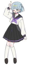 1girl ;d aqua_hair arm_up bandaid bandaid_on_face bandaid_on_nose black_sailor_collar black_skirt blue_hair blunt_bangs blush brown_shoes clenched_hand commentary_request full_body grey_eyes grey_outline highres kneehighs long_sleeves neckerchief one_eye_closed open_mouth original outline pleated_skirt purple_neckerchief sailor_collar school_uniform serafuku shirt shoes short_hair simple_background skirt smile socks solo standing white_background white_shirt white_socks yalmyu