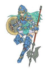 Rule 34 | 1girl, armor, blue armor, blue eyes, breastplate, detached sleeves, fire emblem, fire emblem: radiant dawn, gold trim, green hair, helmet, highres, holding, holding polearm, holding shield, holding weapon, long hair, nephenee (fire emblem), nintendo, nrcgray, pauldrons, polearm, shield, shoulder armor, skirt, smile, solo, thighhighs, weapon