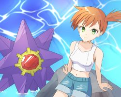 1girl artist_request asymmetrical_hair bare_shoulders blush breasts denim denim_shorts gen_1_pokemon green_eyes gym_leader legs looking_at_viewer misty_(pokemon) navel nintendo open_mouth orange_hair pokemon pokemon_(creature) pokemon_lgpe ponytail shirt short_hair short_shorts shorts side_ponytail smile starmie white_shirt