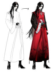 1boy animal_print arrow_(symbol) belt black_boots black_gloves black_hair boots braid butterfly_print chinese_clothes eyepatch full_body gloves hand_on_own_hip hanfu high_heel_boots high_heels highres hua_cheng jewelry long_hair long_sleeves looking_at_viewer male_focus necklace one_eye_covered pale_skin red_eyes red_hanfu side_braid simple_background single_braid smile standing tassel tianguan_cifu very_long_hair white_background wide_sleeves ykmr_(haga)