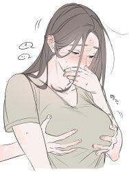 Rule 34 | 0820 lakia, 2girls, blush, breasts, brown hair, commentary request, ear blush, grabbing another&#039;s breast, grabbing from behind, green shirt, groping, highres, korean commentary, korean text, large breasts, long hair, multiple girls, original, shirt, short sleeves, simple background, speech bubble, translation request, white background, yuri