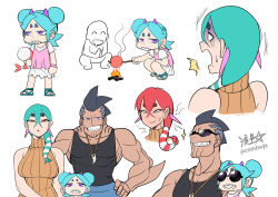 1boy 1other 2girls aged_down anger_vein aqua_hair arm_fins black_hair blank_eyes blue_hair braces child commentary double_bun dress drooling father_and_daughter fins fire grin hair_bun head_fins highres holding horns mohawk mole mole_under_mouth mother_and_daughter multiple_girls muscular muscular_male open_mouth original purple_eyes purple_horns red_hair ryuusei_(mark_ii) sharp_teeth shrimball_(ryuusei_(mark_ii)) signature sleeveless sleeveless_sweater sleeveless_turtleneck sleeveless_turtleneck_sweater smile squatting striped_hair stuffed_toy sunglasses surprised sweater teeth turtleneck twitter_username white_dress white_hair