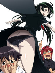 1boy 2girls angry aqua_eyes ass black_hair black_panties blush breasts butt_crack cape clothes_lift fang green_hair hime_cut hinoki_(hinoki-buro) hiyorimi_hiro kaibutsu_oujo kamura_reiri large_breasts long_hair long_skirt looking_back looking_down multiple_girls naughty_face open_mouth pale_skin panties red_hair riza_wildman school_uniform seductive_smile shiny_skin short_hair shy simple_background skirt skirt_lift smile teardrop underwear vampire very_long_hair