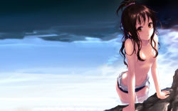 Rule 34 | brown hair, cait aron, censored, convenient censoring, flat chest, highres, solo, swimsuit, to love-ru, topless female, water, wet, yellow eyes, yuuki mikan