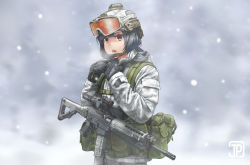 1girl assault_rifle black_gloves black_hair brown_eyes camouflage camouflage_jacket gloves goggles goggles_on_head gun helmet hood hood_down hooded_jacket jacket jpc load_bearing_vest long_sleeves military_combat_uniform military_operator military_uniform original rifle scope short_hair sig_sauer sig_sauer_556 snow_camouflage snowing solo tactical_clothes weapon