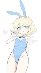 1boy animal_ears blonde_hair blue_bow blue_bowtie blue_eyes bow bowtie bulge detached_collar flat_chest fluffy_hair gloves highres korean_text leotard original playboy_bunny rabbit_ears simple_background trap v white_background white_gloves wootsang