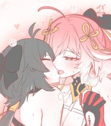 2girls ahoge antenna_hair black_bow black_collar black_gloves blush bow breasts breath changli_(wuthering_waves) cleavage closed_eyes collar colored_extremities female_rover_(wuthering_waves) gloves hair_bow hair_extensions hair_ornament half-closed_eye hand_grab heart highres incoming_kiss interlocked_fingers large_breasts long_hair looking_at_another low_ponytail multicolored_hair multiple_girls open_mouth orange_eyes pink_hair ponytail portrait red_hands ring_hair_extensions rover_(wuthering_waves) starblame tacet_mark_(wuthering_waves) two-tone_hair white_hair wuthering_waves yuri