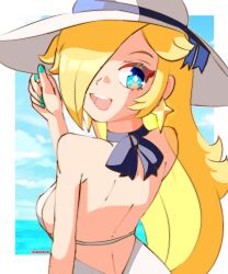 backless_dress backless_outfit blonde_hair blue_eyes blue_sky dress earrings from_behind hair_over_one_eye hat hoshinokotta jewelry long_hair looking_back mario_(series) nail_polish nintendo rosalina sky star_(symbol) star_earrings sun_hat white_dress