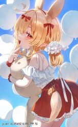 1girl absurdres alternate_costume animal_ears balloon bare_shoulders blonde_hair blue_sky fake_animal_ears genshin_impact highres imasaki_kei klee_(genshin_impact) looking_at_viewer off_shoulder open_mouth pointy_ears red_eyes red_skirt scrunchie shirt skirt sky smile solo standing teeth twitter_username v white_shirt wrist_scrunchie